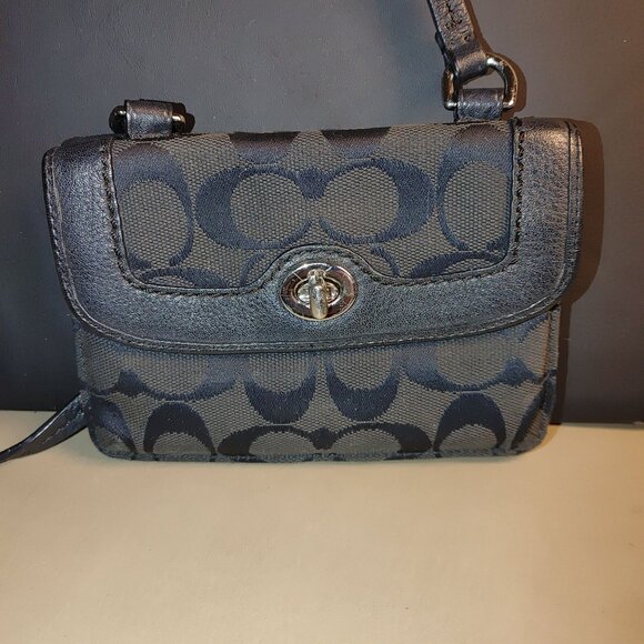 Coach Signature Black Crossbody Wallet Canvas Leather Turnlock Closure Compact - Picture 8 of 12